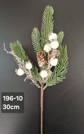 Crenguță artificială de Crăciun cu con, bobițe albe și brad artificial, 30 cm, set 10 bucăți